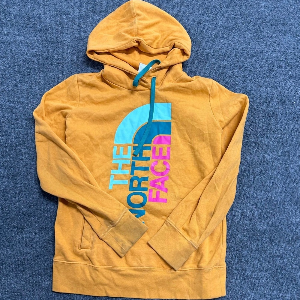 The North Face Hoodie Womens Size S Yellow Graphic Logo Long Sleeve Pullover